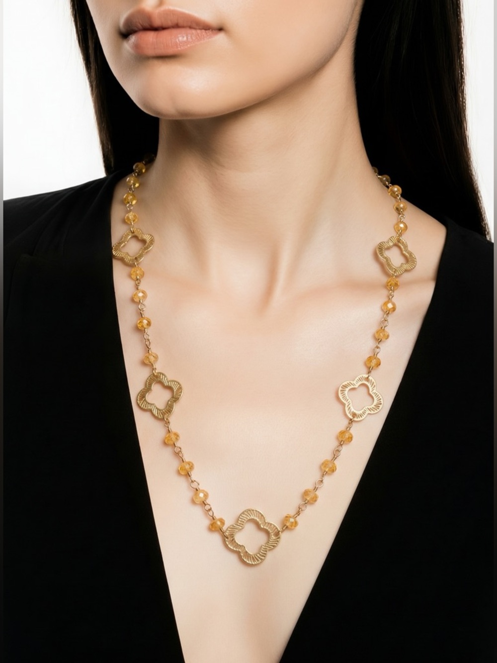 orange citrine gemstone clover necklace chain